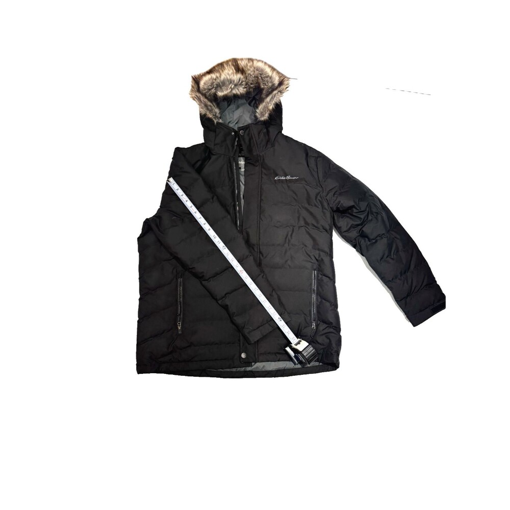 Eddie Bauer Down Puffer Jacket Mens 2XL Black Faux Fur Trim Hood Never Worn